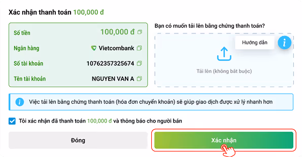 Xác nhận đã thanh toán, thông báo cho người bán